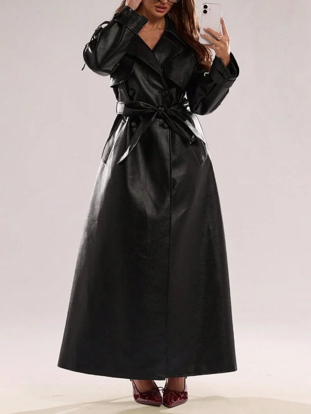 Black Women's Casual Women's Lapel Neck Pocket Belted Trench coat - Picture 4 of 7